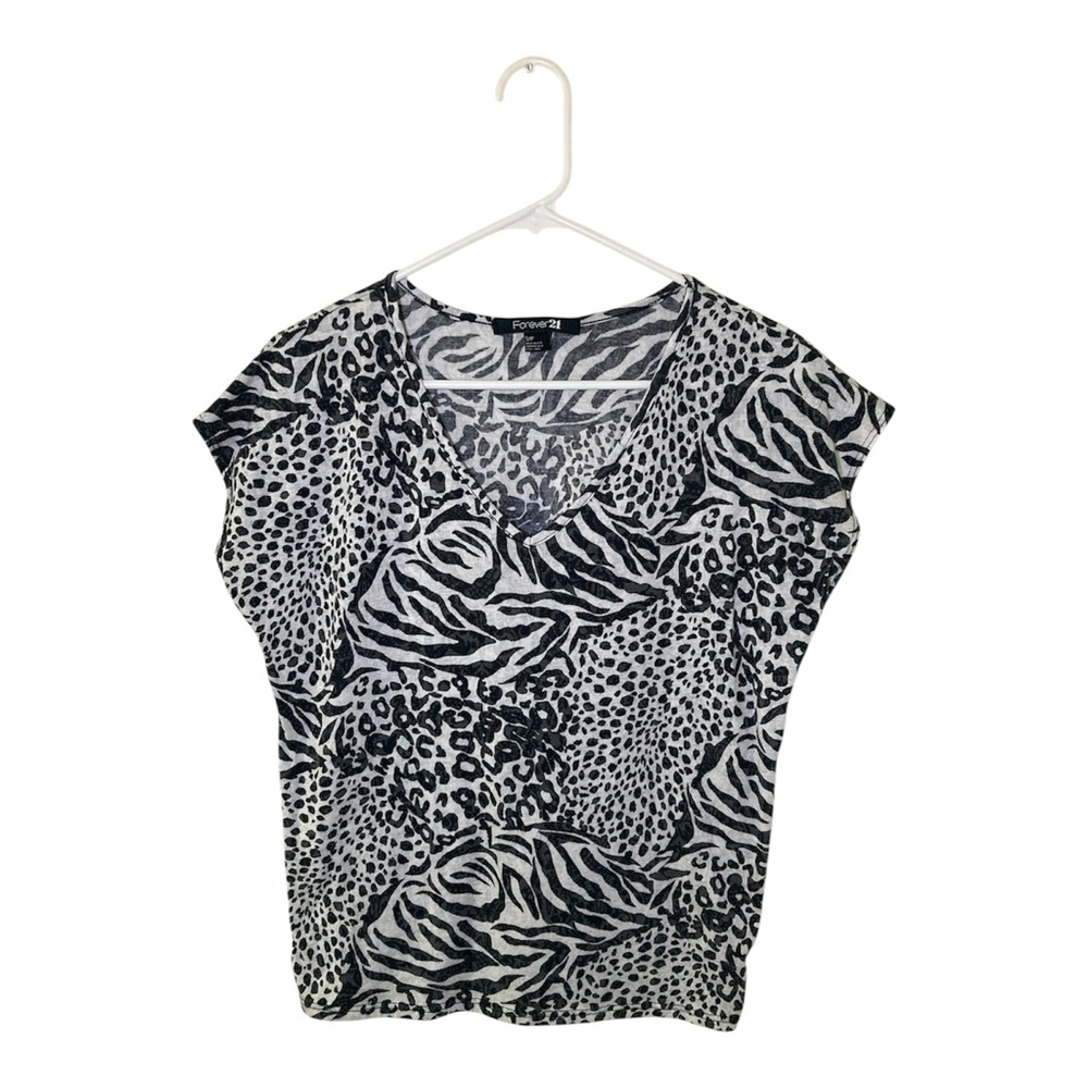 Forever 21 Women’s V-Neck Cap Sleeve Animal Print Top Zebra Black White Sz S/P